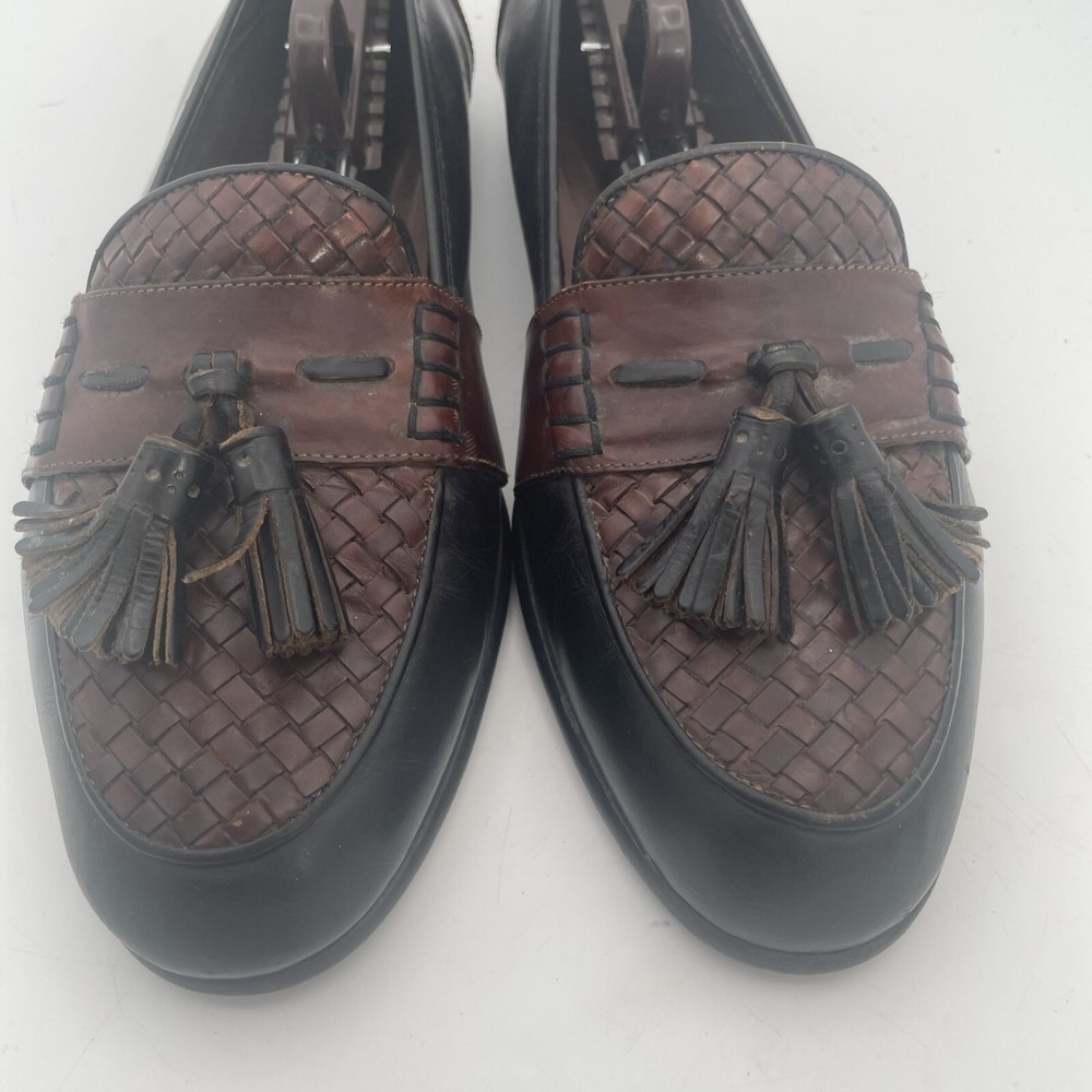 Bragano Mens Shoes Size 10M Black Brown Leather Full‎ Strap Woven Tassel Loafers - Picture 11 of 16